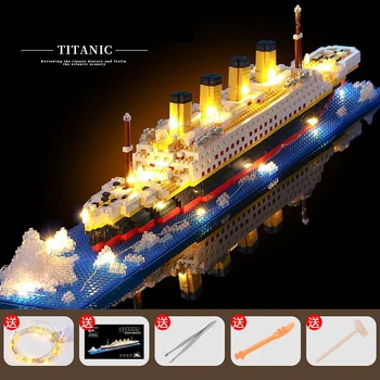 Titanic skip fyrirmynd leikföng barna afmælisgjöf samkoma byggja blokk plast blokk með lampa leikfang Titanic byggja blokk leikfang
