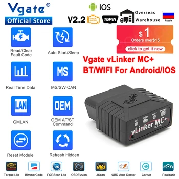 Vgate vLinker MC + ELM327 V2.2 Bluetooth 4.0 OBD2 Skanni OBD 2 WIFI BimmerCode FORScan Farartæki Bíll Sjúkdómsgreiningar ELM 327 V1 5